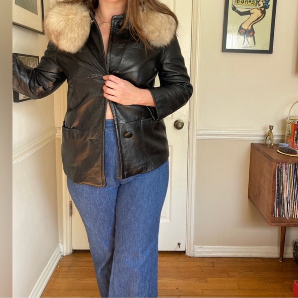 60s-70s Black Leather Jacket with Fur Collar